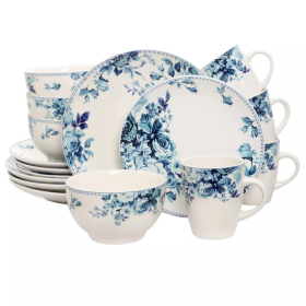 16pc Stoneware Antique Garden Dinnerware Set Blue