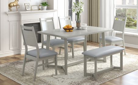 TOPMAX Farmhouse 6-Piece Wood Dining Table Set with 4 Upholstered Chairs and Bench, Gray