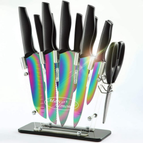 Rainbow Knife Set,Marco Almond KYA35 14 PCS Kitchen Knife Set,Titanium Coating for Anti-rusting, Super Sharp Cutlery Knife Set with Acrylic Stand