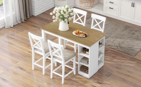 TOPMAX 60"Lx30"W Solid Wood Farmhouse Counter Height Dining Table Set with 3-Tier Storage Shelves, Upholstered Dining Chairs for 4, 5-Piece, White